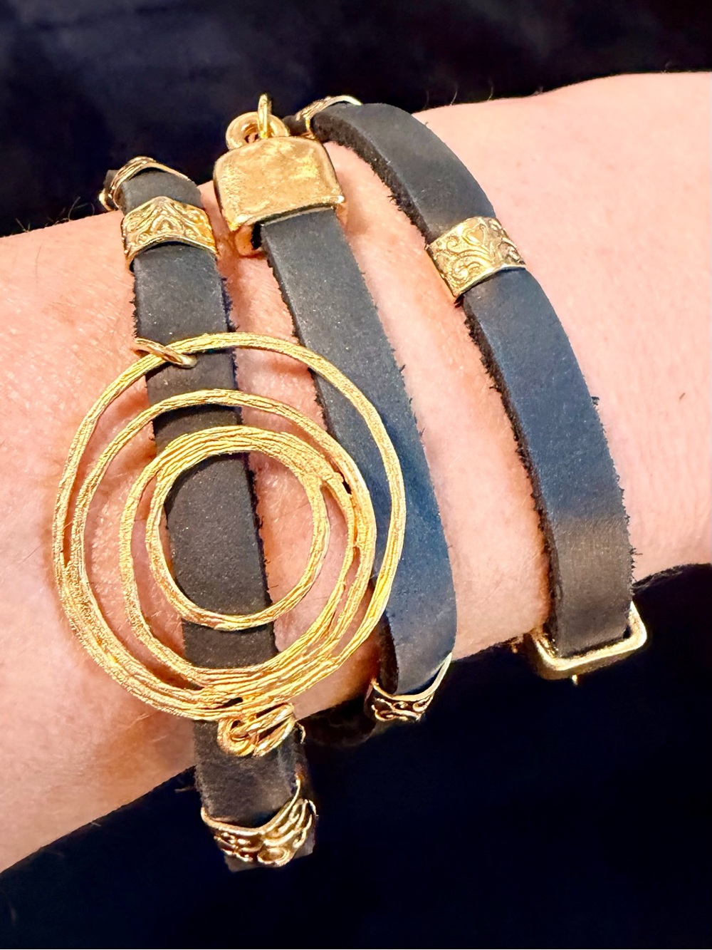 Gold Tone Spiral Charcoal Multi Wrap Statement Bracelet
